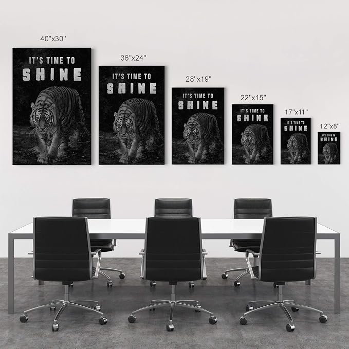 Smile Art Design It's Time to Shine Black and White Tiger Motivational Wall Art Canvas Print Inspirational Wall Art Entrepreneur Quote Modern Office Living Room Decor Gift Ready to Hang 28x19