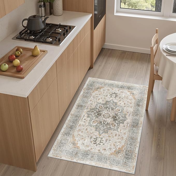 Madane Washable Area Rug 2x3 Small Entryway Rugs Non-Slip Light Taupe Brown | Vintage Stain-Resistant Door Mat Indoor Entrance, Low Pile Floor Carpet for Inside Front Bedroom Kitchen Entry Laundry, Stair