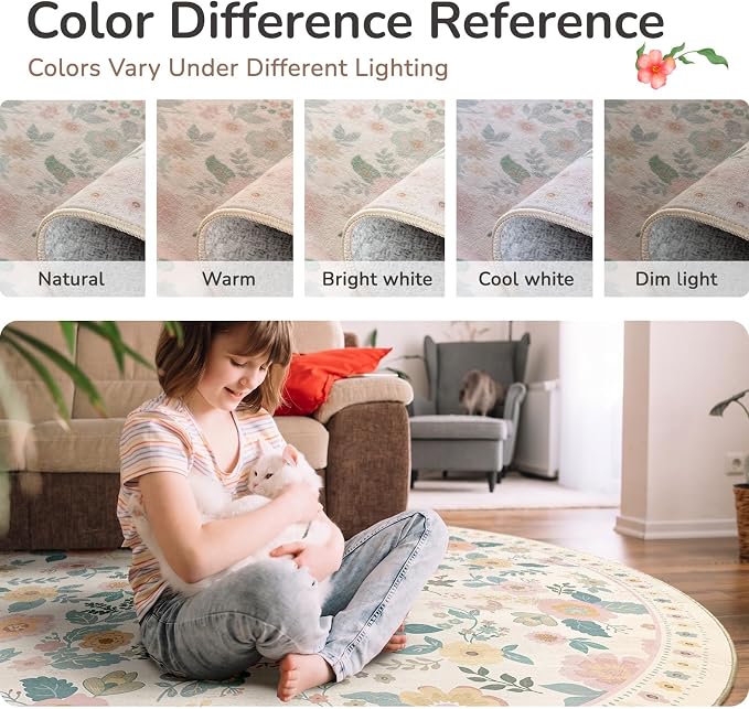 Washable Floral Area Rug for Living Room Round 4ft Light Beige | Non-Slip，Vacuum-Friendly, Low Pile, Flower Carpet for Bedroom Kitchen Entryway Dining Room Office Nursery