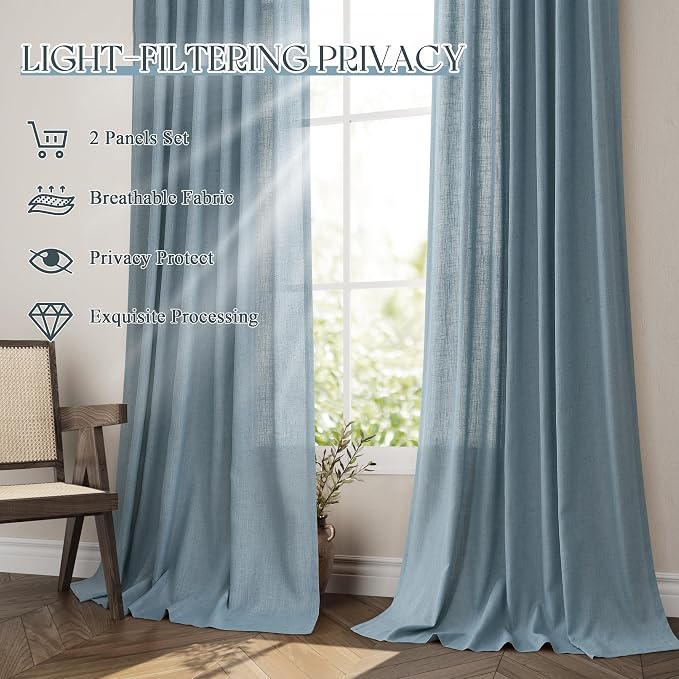 Jowels Blue Linen Curtains 45 Inch Long 2 Panels for Living Room | Light Filtering Semi Sheer Curtain, Back Tab Pocket Pleated Look, Boho Farmhouse Textured Privacy Drapes for Bedroom Window
