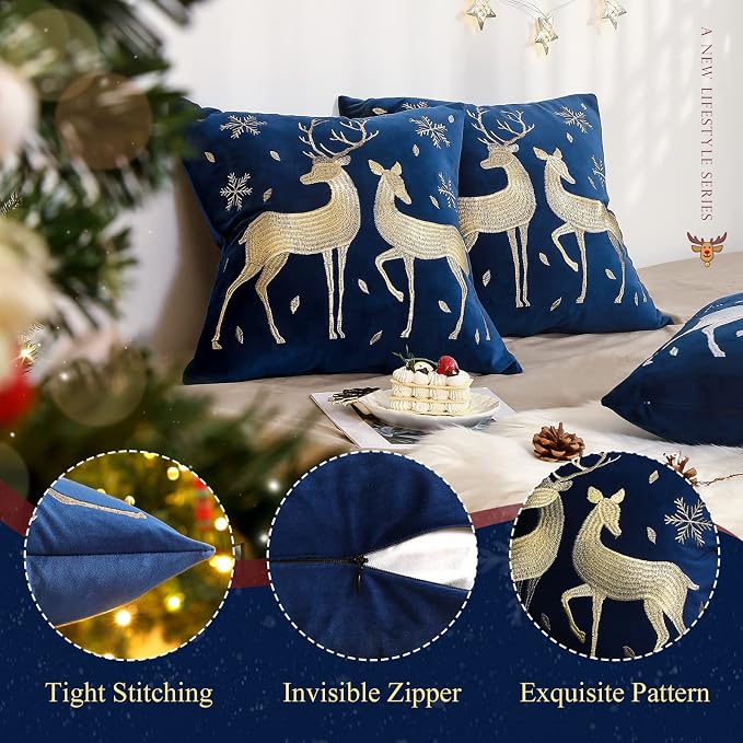 Lewondr Christmas Throw Pillow Cover, Gold Deer Snowflake, 20"x20", 2 Pack | Navy Blue, Soft Velvet, Embroidery Decorative, Luxurious Sofa Cushion Cover, Home Christmas Decoration