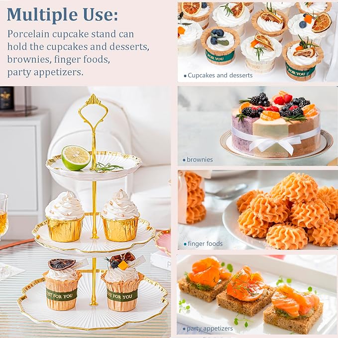 3 Tier Porcelain Serving Tray with Elegant Floral Gold Trim Embossed | Food Grade Tiered Cupcake Stand - Serving Stand for Parties Weddings Baby Showers