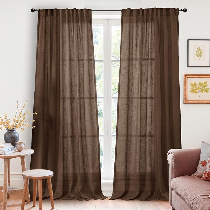 YoungsTex Brown Linen Sheer Curtains for Living Room 2 Panels Rod Pocket | 84 Inch Chocolate Drapes Light Filtering with Back Tab for Dining Bedroom, 52 X 84 Inch