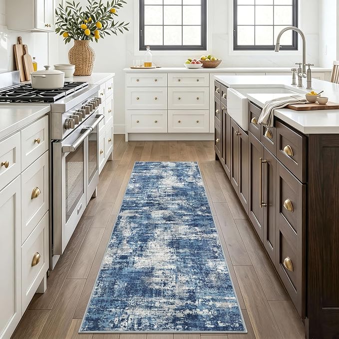 Lansny Abstract Washable 2x6 Hallway Runner Rug Non Slip Kitchen Runner | Blue;Thin Printed Faux Wool Rug Runners;Entryway Runner Indoor;Rubber Backed 6ft Carpet Runners for Hall;Bedroom Runner