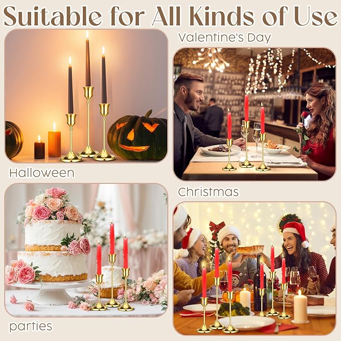 24PCS Brass Gold Taper Candle Holders Set, Vintage Metal Candlestick | Tall Table Centerpiece, Pillar & LED Candles, Wedding Reception, Festive Christmas Mantel Decoration