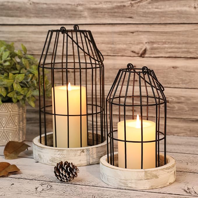 Rustic Wire Metal Cloche Set of 2 Candle Lantern Decorative Indoor Outdoor Vintage Cage Candle Holders Modern Farmhouse Decor for Fireplace Mantle Entryway Living Room Kitchen Dining Table Centerpiece