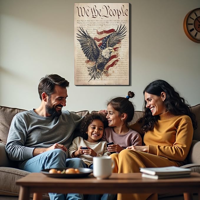 Framed We The People Bald Eagle Wall Art, Patriotic US Constitution Canvas Art Pictures, American Flag Wall Decor, Made in USA Ready to Hang for Office Living Room