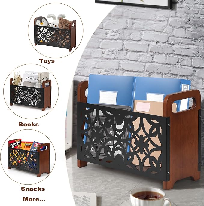 Magazine Holder,Oak Wood Magazine Rack Floor,Lotus Pattern | Rustic Magazine File Holder Organizer,Decorative Magazines Storage Basket for Books,Newspapers,Mails,Files