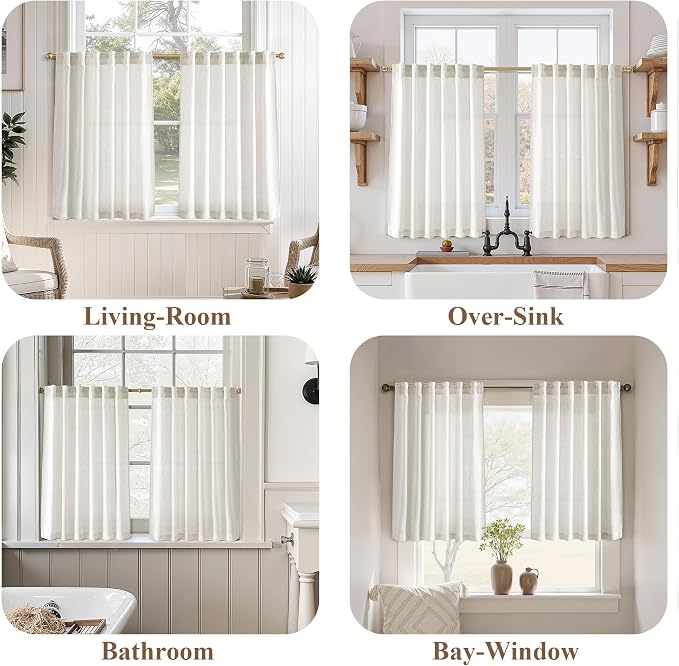 Jowels Natural Linen Cafe Curtains 30 Inch Long 2 Panels for Kitchen | Ivory Light Filtering Sheer Curtain,Back Tab Pocket Pleated Look,Modern Farmhouse Textured Privacy Drapes Tiers Over Sink