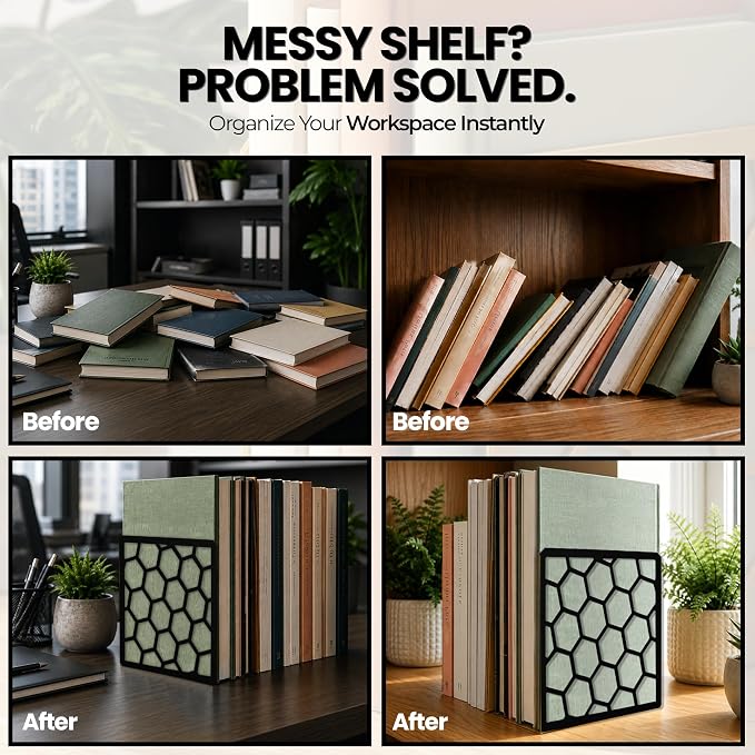 GEOMOD Premium Geometric Black Honeycomb Bookends for Shelves, Metal Book Ends Office, L-Shaped Stopper, Rustproof Decorative Unique Home, 6.25 (L) x 6 (W) inches, 2 Pairs - Geomod, (Pair of 2)