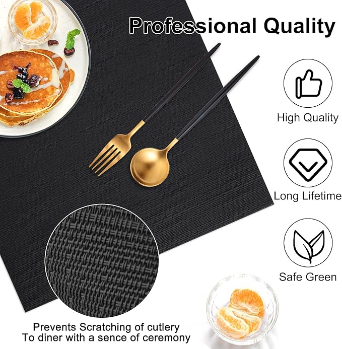 Vinyl Placemats Set of 6, PVC Woven Washable Non-Slip Table Mats, Heat Resistant Wrinkle Free Place Mats for Dining Table, Easy to Clean (6, Black)