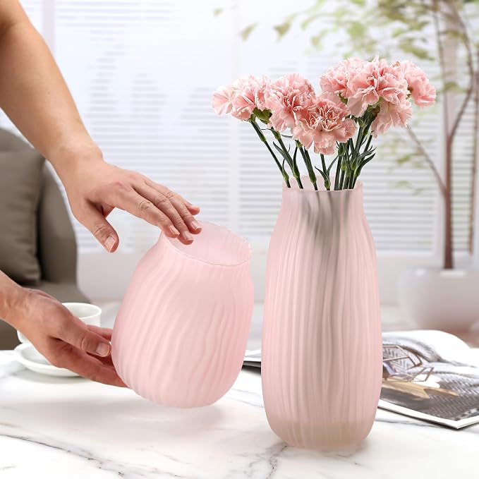 Large Ribbed Glass Vase 8in Frosted Pink Elegant Decorative Vases for Home Flowers Arrangements, Centerpieces, and Modern Décor