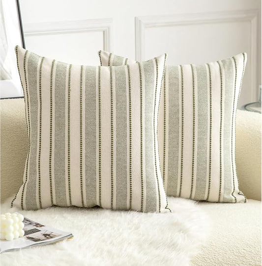 Cethom Decorative Boho Throw Pillow Covers, Farmhouse Textured Pillow Case, 18 x 18 Inch Set of 2, Chair Sofa Bedroom Living Room Home Decor Couch Cushion Case, Olive Green and Beige Striped