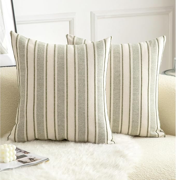 Cethom Decorative Boho Throw Pillow Covers, Farmhouse Textured Pillow Case, 20 x 20 Inch Set of 2, Chair Sofa Bedroom Living Room Home Decor Couch Cushion Case, Olive Green and Beige Striped