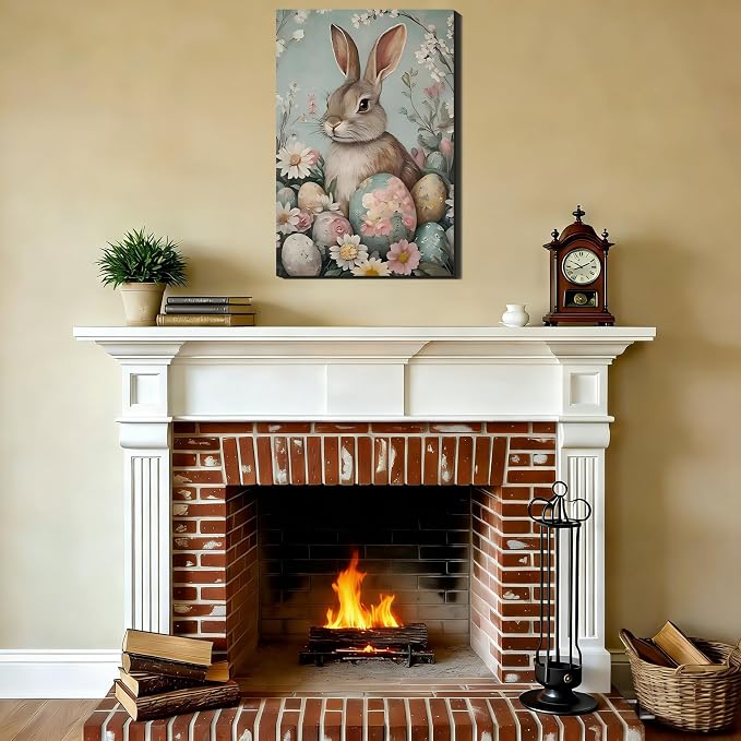 RIBNTAK Vintage Easter Bunny Eggs Wall Art, Colorful Rabbit Canvas Prints Wall Decor for Bedroom, Living Room,Bathroom, Bar, Office Classic, Rabbit Pictures Artwork & Farmhouse Easter Decor