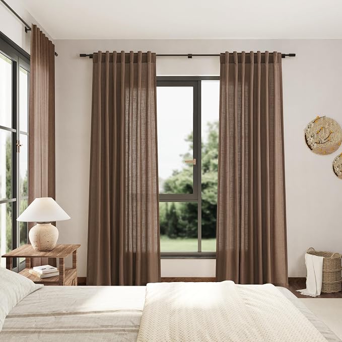 Caramel Brown Curtains 80 Inches Long 2 Panels Set for Bedroom Back Tab Rod Pocket Semi Sheer Light Filtering Privacy Drapes Linen Blend Textured Farmhouse Living Room Curtain 52X80