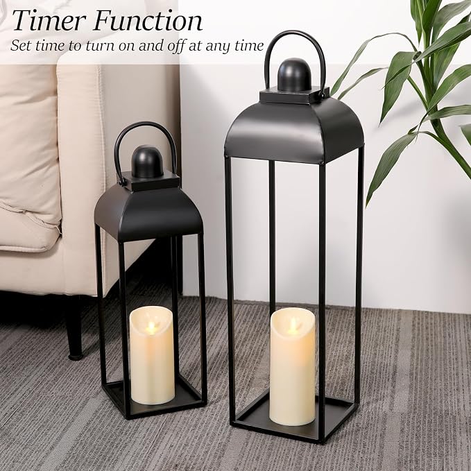 25'' 19'' Lanterns Decorative Outdoor Indoor, Black Metal Outdoor Lanterns | Set of 2 No Glass Modern Farmhouse Decorative Lantern with Candle and Remote Control for Fireplace, Patio, Porch, Floor
