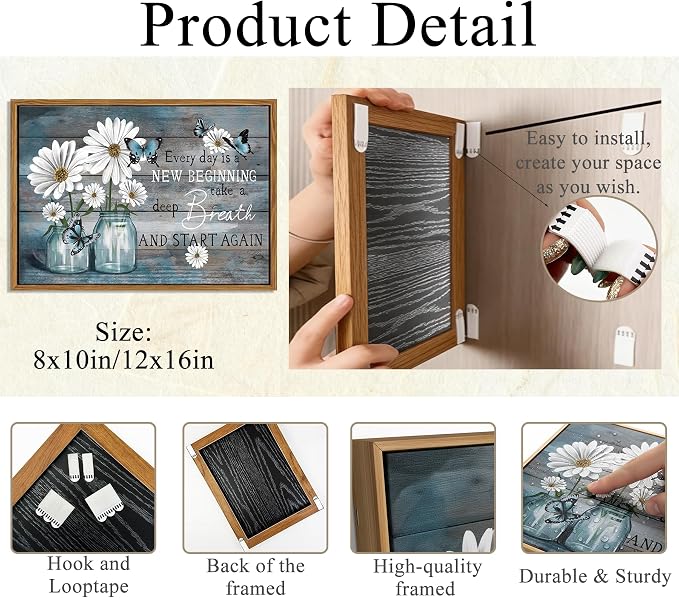 ZLXARTLA Wood Framed Daisy Wall Art Butterfly Wall Decor Inspirational Print Artwork Flower Picture Painting Still Life Suitable for Country Farmhouse Bedroom Bathroom Rustic Decoration 12x16in