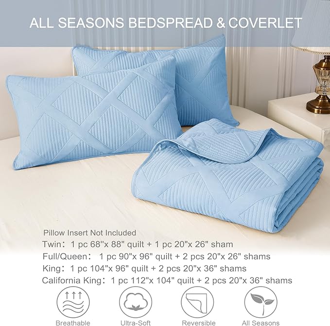 Exclusivo Mezcla Twin Size Quilt Set, Sky Blue | Soft Bedspreads with 1 Pillow Sham, Modern Striped Pattern, Lightweight Bedding Set Coverlets for All Seasons, 68x88 Inch