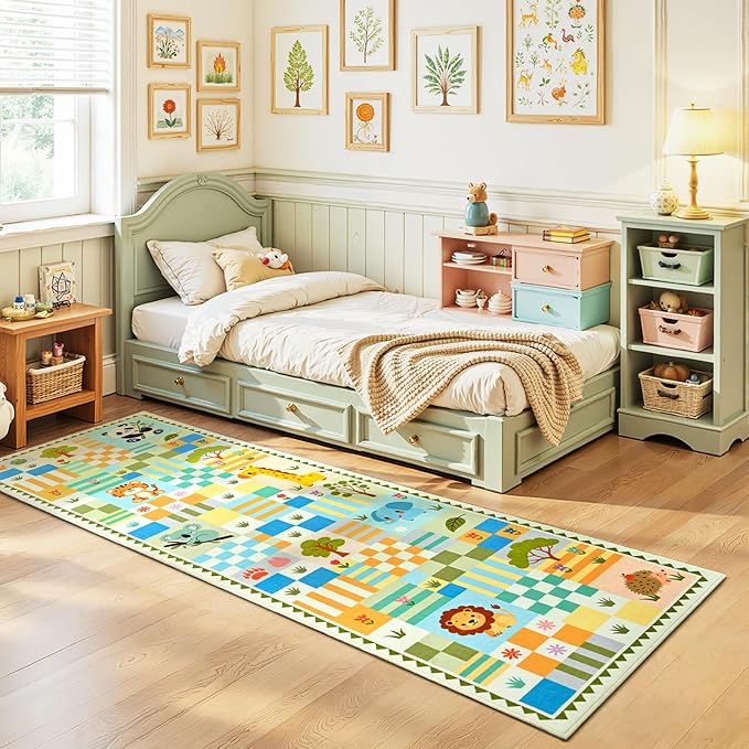 Soft Green Runner Rug for Girls Bedroom, Washable Non-Slip Hallway Carpet with Cute Animals & Colorful Checkered Design, Low Pile Floor Mat