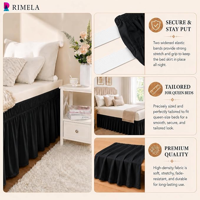 Black Bed Skirt Queen Size 25 Inch Drop, Elastic Wrap Around Bedskirt | Solid Ruffled, Easy to Use, No Mattress Lifting, Wrinkle & Fade Resistant, with Adhesive Strips, Machine Wash/Dry/Iron