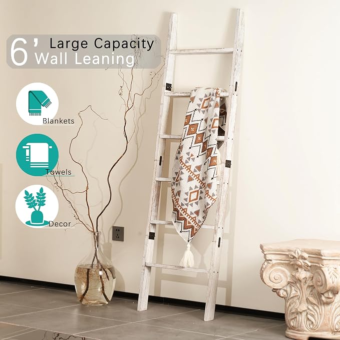 Blanket Ladder 6-Tier Washed White, Rustic Towel & Quilt Display Rack | farmhouse decorative white ladder for living room, bedroom or bathroom. Holds quilts, towels & blankets. Sturdy 6-tier wood.