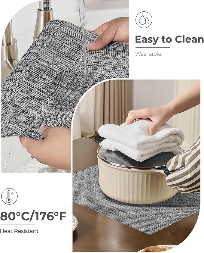 Leetaltree Grey Placemats, Heat Resistant Non-Slip Place mats for Dining Table, Washable Durable PVC Vinyl Woven Table Mats (Set of 12)