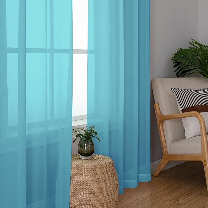 Simplebrand Turquoise Sheer Curtains 63 Inch Length 2 Panels, Rod Pocket Solid Color Window Sheer Curtain Panels, Elegant Curtains & Drapes for Living Room, Bedroom 2 Panels (Turquoise, 42" W x 63" L)