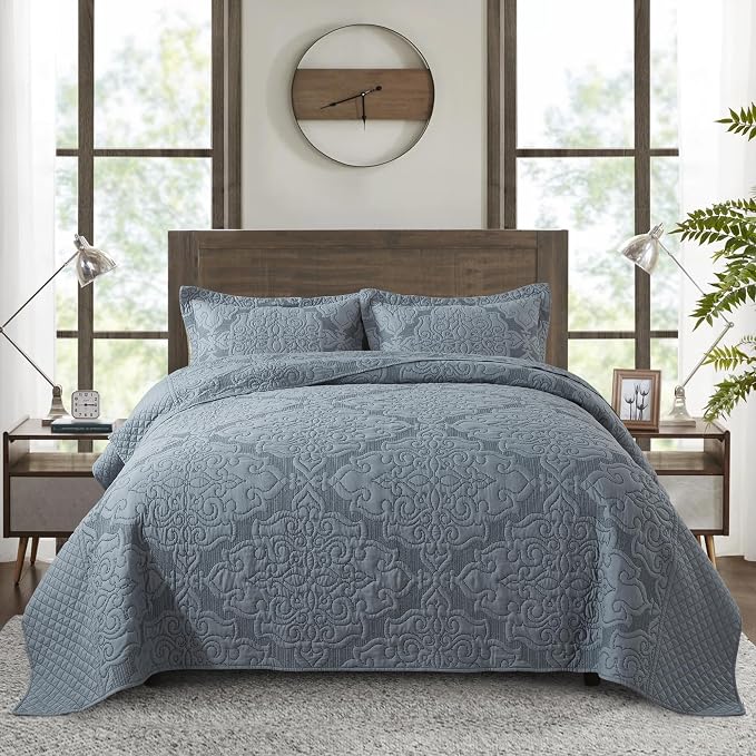 NEWLAKE Reversible Quilt Bedspread Embroidered Microfiber Coverlet Set,Jacquard Embossed Floral,Grey, King Size