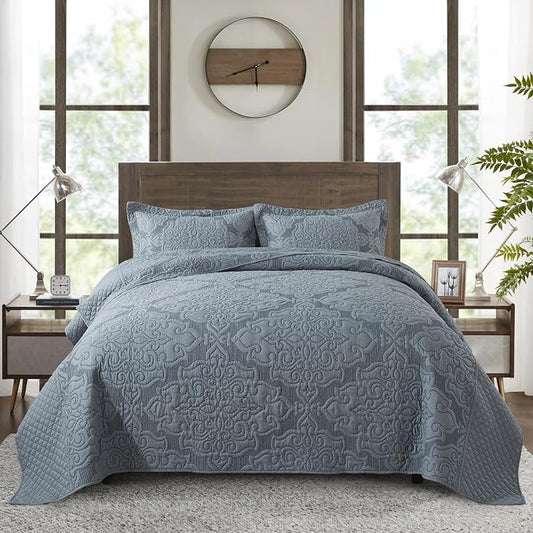 NEWLAKE Reversible Quilt Bedspread Embroidered Microfiber Coverlet Set,Jacquard Embossed Floral,Grey, King Size