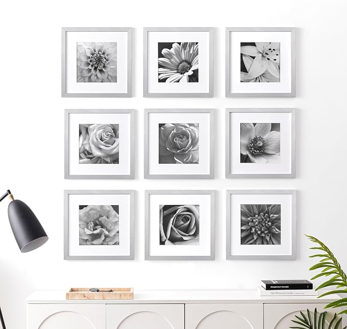eletecpro Picture Frames Set of 9, 12x12 in, Acrylic Cover, Silver | Display Photo 8x8 with Mat or 12x12 without, Square Gallery Collage, Wall Mount, Minimalist Home Decor, Engineered Wood