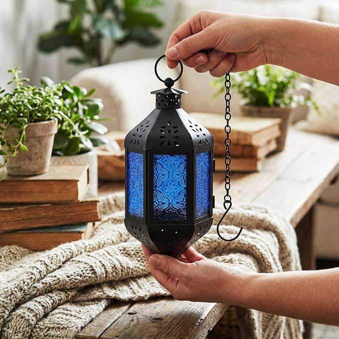 Vela Lanterns Decorative Indoor Outdoor Hanging Candle Holder, Cobalt Blue