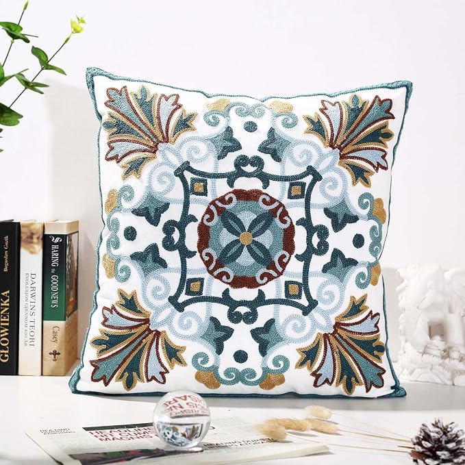 Onelsong Decorative Throw Pillow Covers for Couch Living Room 18x18 inches Set of 2 Embroidery Square Boho Throw Pillows Cover for Sofa Chair Bed