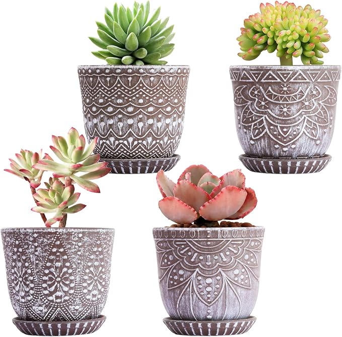 Gepege Ceramic Succulent Pots, 4 Inch Small Plant Pots with Drainage | Ceramic succulent pots with drainage holes, ceramic saucers and mesh pads, set of 4, ideal for cactus and succulents