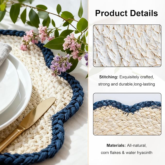 4pc Sunflower Rattan Placemat Set, Woven Boho Table Mats, Blue | 4 cotton runners (24x11") & 4 woven mats. Heat-resistant & eco-friendly. Perfect for boho, farmhouse decor & parties.