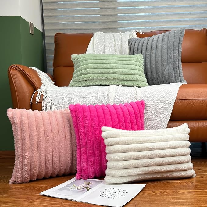 COTEY 24x24 Decorative Faux Fur Throw Pillow Covers Set of 2- Pink