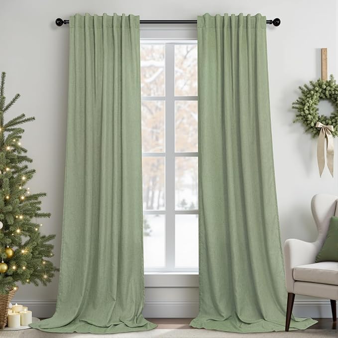 Light Sage Curtains 84 Inch Length for Living Room 2 Panels Set Back Tab Pocket Drapes Sheer Linen Textured Lightweight Filtering Light Green Curtains for Bedroom Rustic Boho Farmhouse Decor 7 FT Long