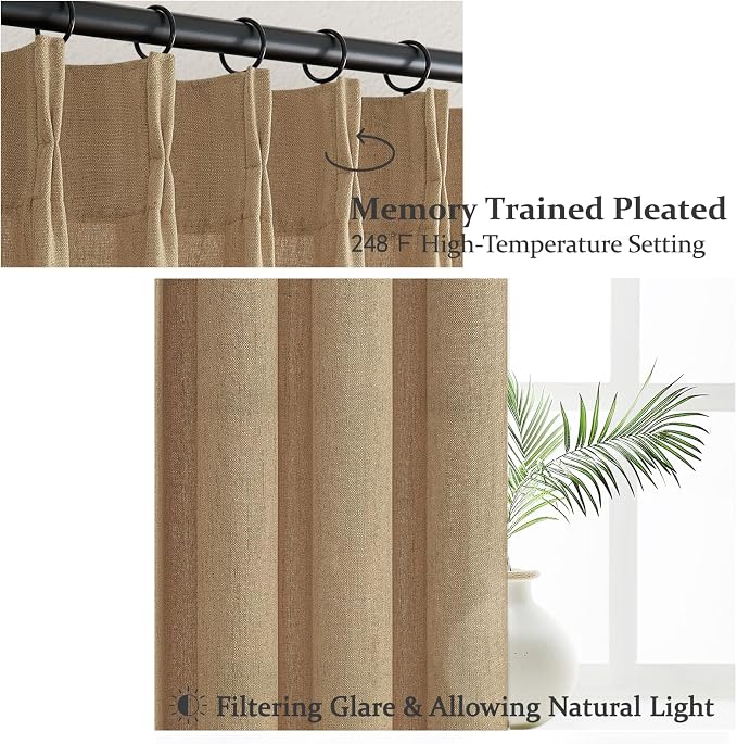 Extra Long Rust Brown Semi Sheer Living Room High Ceiling Curtains 108 Inch 2 Panels Set, Memory Shape Pinch Pleated Linen Blend Light Filtering Elegant Curtain & Drapes for Large Window 40"W x 108"L