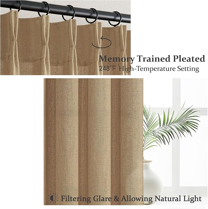 Pinch Pleated Rust Brown Semi Sheer Bedroom Curtains 96 Inches Long 2 Panels Set, Memory Trained Linen Blend Light Filtering Natural Curtain Farmhouse Viral Window Drapes for Dining Room 8FT Length