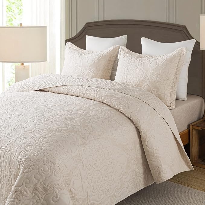 NEWLAKE Quilt Bedspread Set, Beige Jacquard Embossed Floral Pattern Reversible Embroidered Microfiber Coverlet Sets, Queen Size