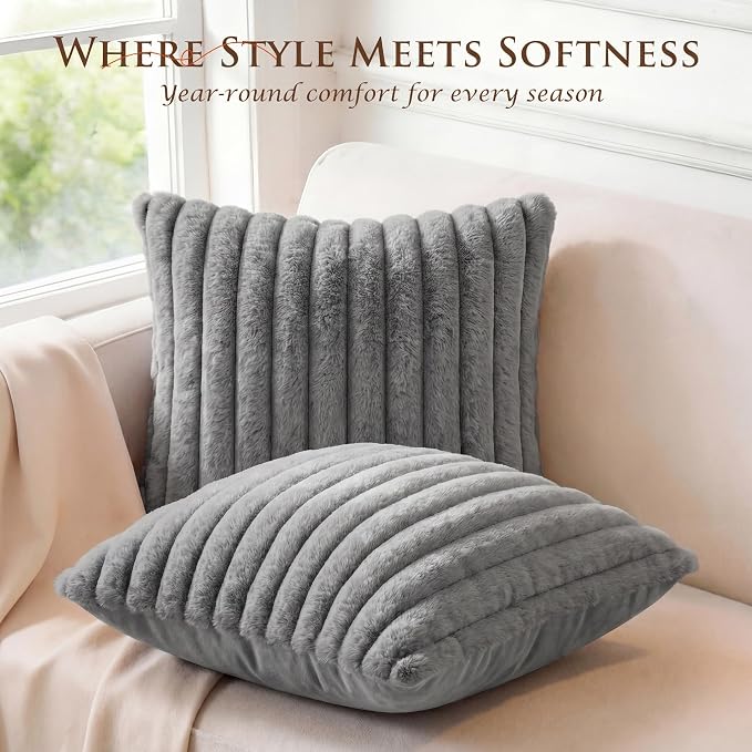 Pack of 2 Throw Pillow Covers 20x12 Decorative Solid Plush Faux Fur with Soft Velvet Back, Square Striped Cushion Cases Modern Farmhouse Home Decor for Living Room Couch Sofa Bed Dark Gray