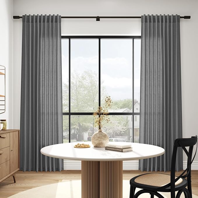 Blazer Grey Curtain SheerLinen Blend Light Filtering Back Tab Curtains 102 Inches Long, Semi Sheer Privacy Drapes for Living Room & Bedroom, 52x102 inch, 2 Panels