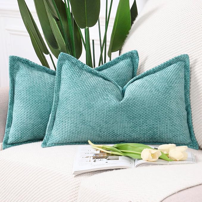 MADIZZ Decorative Chenille Velvet Throw Pillow Covers Set of 2 Soft Boho Textured Neutral Couch Throw Pillow for Bed Modern Farmhouse Home Decor for Sofa Livingroom Turquoise 12x20 Inch