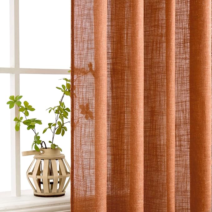MIULEE Orange Fall Curtains 52x84 Inch 2 Panels for Bedroom Living Room | Soft Thick Linen Textured Window Drapes, Semi Sheer Light Filtering, Back Tab Rod Pocket, Burlap Look Fall Boho Decor