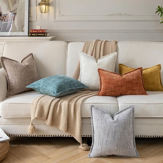 Yaertun Chenille Throw Pillow Covers 26x26 Inch Set of 2 Textured Broadside Soft Cozy Velvet Pillow Covers Modern Farmhouse Boho Decorative Pillow Cases for Couch Bed Sofa Livingroom Light Gray