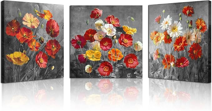 Daisiy Flower Wall Art Home Decor Red Poppy Floral Canvas Prints Paintings Artwork 24 x 24 Inch x 3 Pcs Black and White Modern Still Life Picture Decoration for Bathroon Bedroom Stretched and Framed