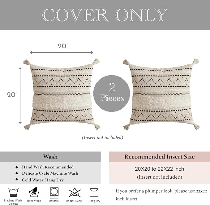 BlissBlush Decorative Throw Pillow Covers 20x20 Combo Set of 2 Square Boho Black Neutral Accent Pillowcase Tassels Farmhouse Cushion for Couch Sofa Bedroom Living Room Home Décor Cover ONLY