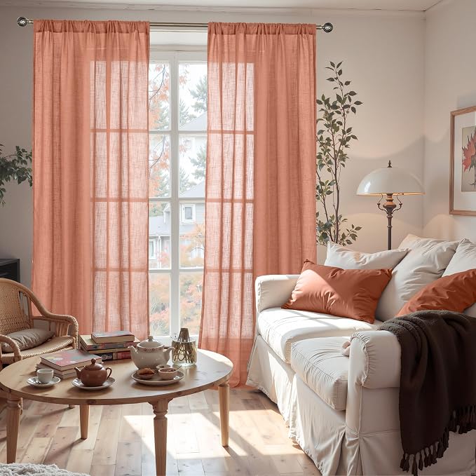 BGment Terracotta Linen Curtains for Living Room 84 Inches Long, Burnt Orange Light Filtering Drapes Semi Sheer with Rod Pocket for Fall Bedroom Rust Color, Each 52 Inch Wide