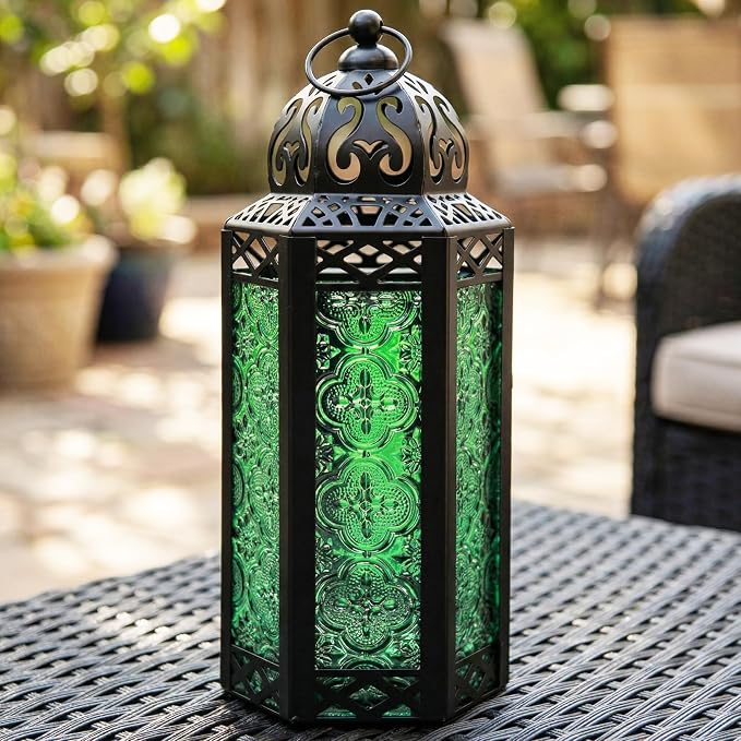 Vela Lanterns Decorative Indoor Moroccan Candle Holder, Green, M | Emerald Green Glass Decor, Ramadan Lantern, Turkish Votive Pillar Lamp, Whimsigoth Witch Tealight Holder, 10.5in Tall