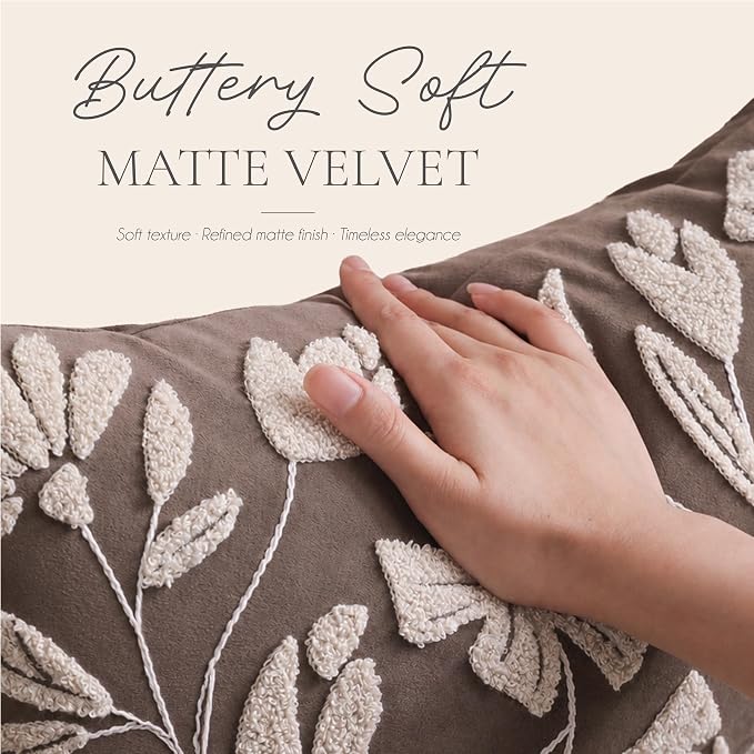 BlissBlush Long Lumbar Pillow Cover 14x36 for Bed, Taupe Brown Floral Tufted Velvet Accent Oversize Throw Pillowcase for Bedroom, Cover Only